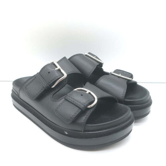 Alexander McQueen Shoes - Alexander McQueen Double Buckle Platform Slide Sandals Black Leather Size 38